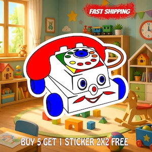 Toy Story Chatter Telephone Sticker, Fisher Price Toy Phone Decal, Retro Cartoon Vinyl Sticker, Waterproof Laptop Water Bottle Gift image 1