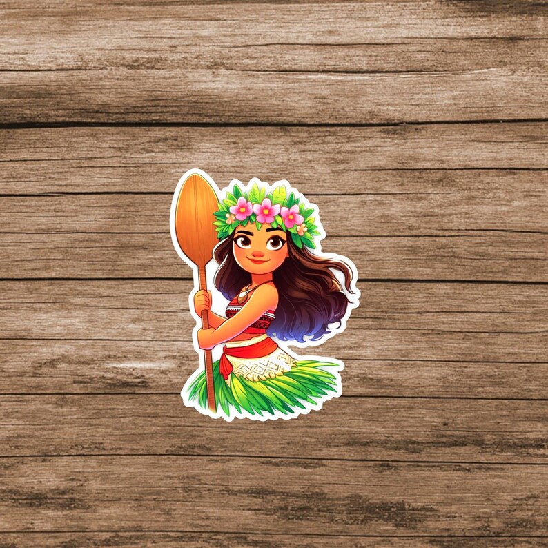 May include: A sticker featuring a cartoon illustration of a Polynesian woman holding a wooden paddle. She wears a floral crown, a red and white top, and a green skirt. The background is a wooden surface.