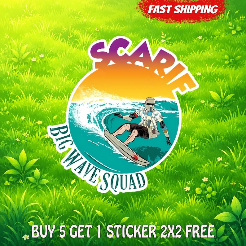 May include: A circular sticker featuring a graphic of a character in a white helmet and gear surfing on a large blue wave against a yellow and orange sunset background. The text SCARIE and BIG WAVE SQUAD is printed in white around the circular graphic.