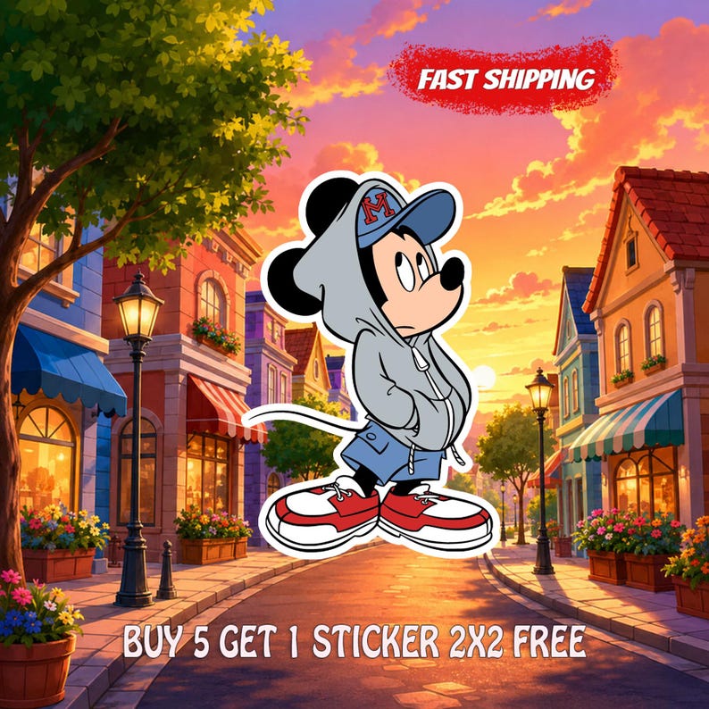 May include: A sticker featuring a cartoon mouse wearing a grey hoodie, blue cap with the letter M, and red and white sneakers. The background shows a street scene at sunset with buildings, street lamps, and flowers. Text reads FAST SHIPPING.