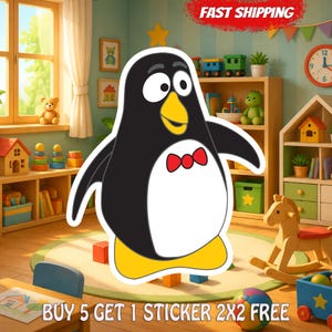 May include: A cartoon penguin sticker featuring a black body, white belly, yellow beak, and yellow feet, wearing a red bow tie. The penguin has large white eyes with black pupils. The sticker is displayed against a colorful playroom background.