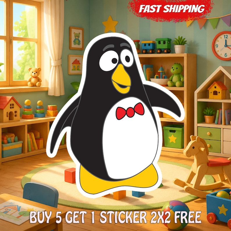 May include: A cartoon penguin sticker featuring a black body, white belly, yellow beak, and yellow feet, wearing a red bow tie. The penguin has large white eyes with black pupils. The sticker is displayed against a colorful playroom background.