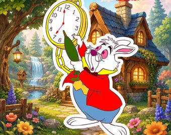 White Rabbit Alice in Wonderland Sticker, Disney Movie Vinyl Decal, Cartoon Bunny Clock Character Laptop Water Bottle Gift