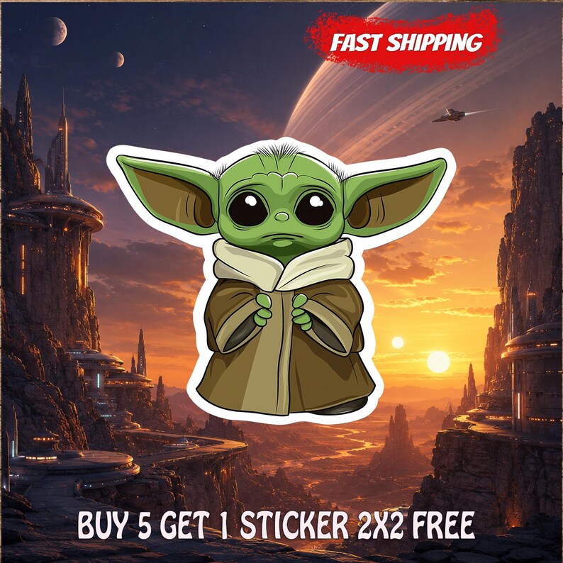 May include: A die-cut sticker featuring a green, large-eared creature with large black eyes, wearing a tan robe. The background displays a sunset over a futuristic alien landscape with tall structures, moons, and a spacecraft in the sky.