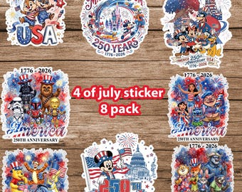 4th Of July Sticker Pack, Patriotic Disney Sticker Bundle, America 250th Anniversary Decals, Independence Day 8 Pack Stickers