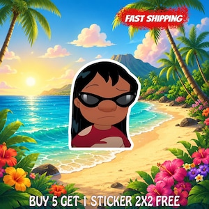 May include: A sticker featuring a cartoon character with long black hair and black sunglasses, wearing a red shirt. The background shows a tropical beach scene with palm trees, mountains, and flowers, with text reading FAST SHIPPING and BUY 5 GET 1 STICKER 2X2 FREE.