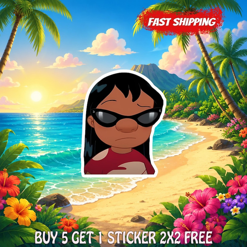 May include: A sticker featuring a cartoon character with long black hair and black sunglasses, wearing a red shirt. The background shows a tropical beach scene with palm trees, mountains, and flowers, with text reading FAST SHIPPING and BUY 5 GET 1 STICKER 2X2 FREE.