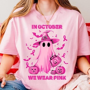 In October We Wear Pink Halloween Png, Halloween Pink Ghost Png, Breast Cancer Awareness Png, Retro Breast Cancer Png, Spooky Halloween Png