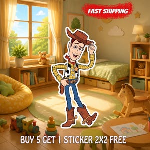 May include: A die-cut sticker featuring a cartoon cowboy character wearing a brown hat, yellow plaid shirt, cow-print vest, blue jeans, and brown boots. The sticker includes the text FAST SHIPPING and BUY 5 GET 1 STICKER 2X2 FREE.