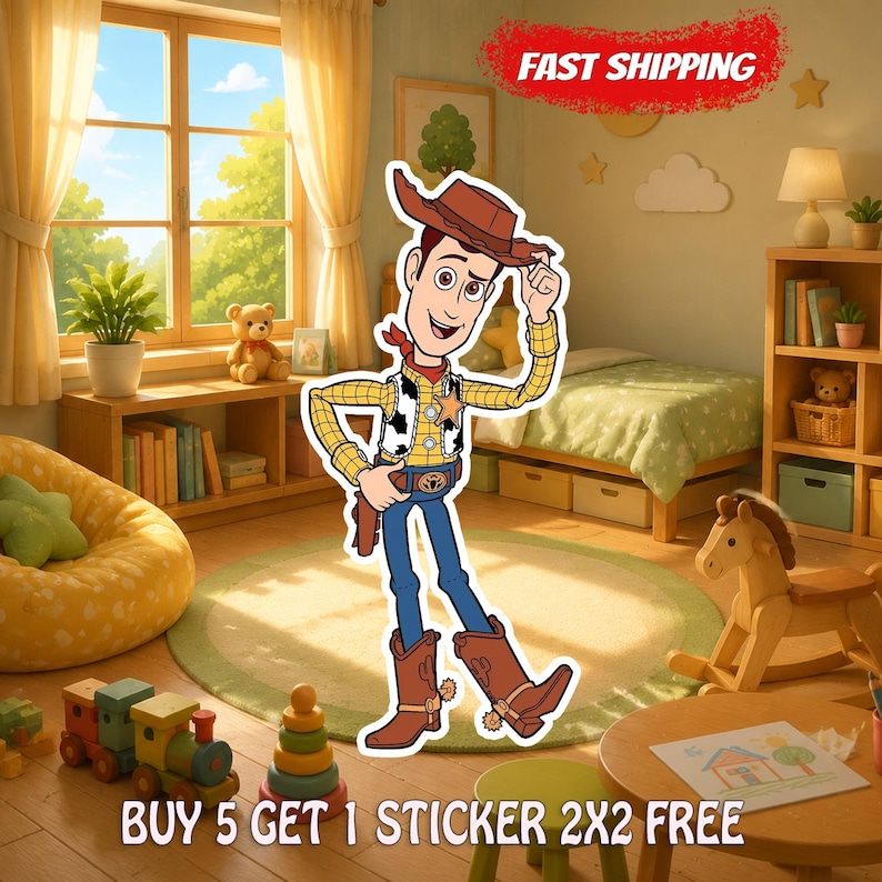 May include: A die-cut sticker featuring a cartoon cowboy character wearing a brown hat, yellow plaid shirt, cow-print vest, blue jeans, and brown boots. The sticker includes the text FAST SHIPPING and BUY 5 GET 1 STICKER 2X2 FREE.
