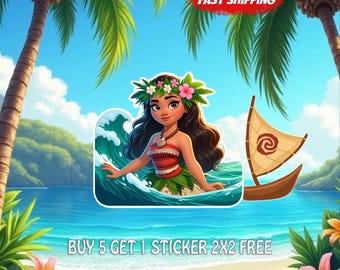 Moana Summer Beach Sticker, Tropical Ocean Princess Vinyl Decal, Cute Waterproof Cartoon Sticker