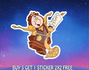 Lumier and Cogsworth Sticker, Beauty and The Beast, Waterproof Vinyl , Fairytale Candle Clock Car Magnet