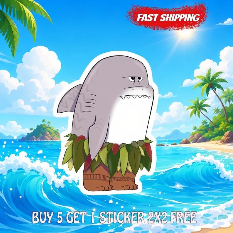 May include: A die-cut sticker featuring a cartoon shark with a gray body and white underbelly, wearing a green leaf skirt and brown patterned leg wraps. The background shows a tropical beach with blue ocean waves, palm trees, and a bright sun.