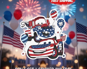 4th of July Cars Sticker, Patriotic Lightning McQueen Mater Decal, American Flag Cartoon Car Sticker, USA Independence Day Gift