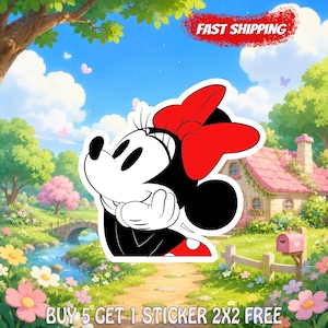 May include: A die-cut sticker featuring a black and white cartoon mouse character with a large red bow, resting their chin on their hands. The sticker is set against a vibrant, colorful background of a garden, a small cottage, and a stream.