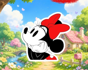 Minnie Mouse Sticker, Disney Cartoon Vinyl Decal, Cute Red Bow Mouse Character Sticker, Kids Laptop Water Bottle Decal Gift