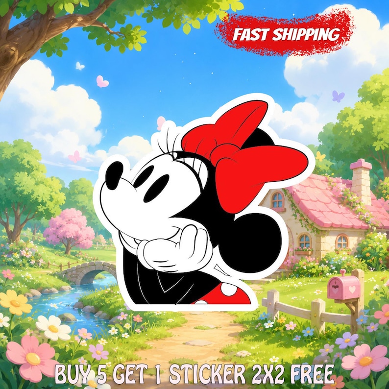 May include: A die-cut sticker featuring a black and white cartoon mouse character with a large red bow, resting their chin on their hands. The sticker is set against a vibrant, colorful background of a garden, a small cottage, and a stream.