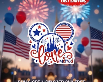 4th of July Castle Sticker, Love America Patriotic Decal, USA Fireworks Mouse Ears Laptop Water Bottle Sticker