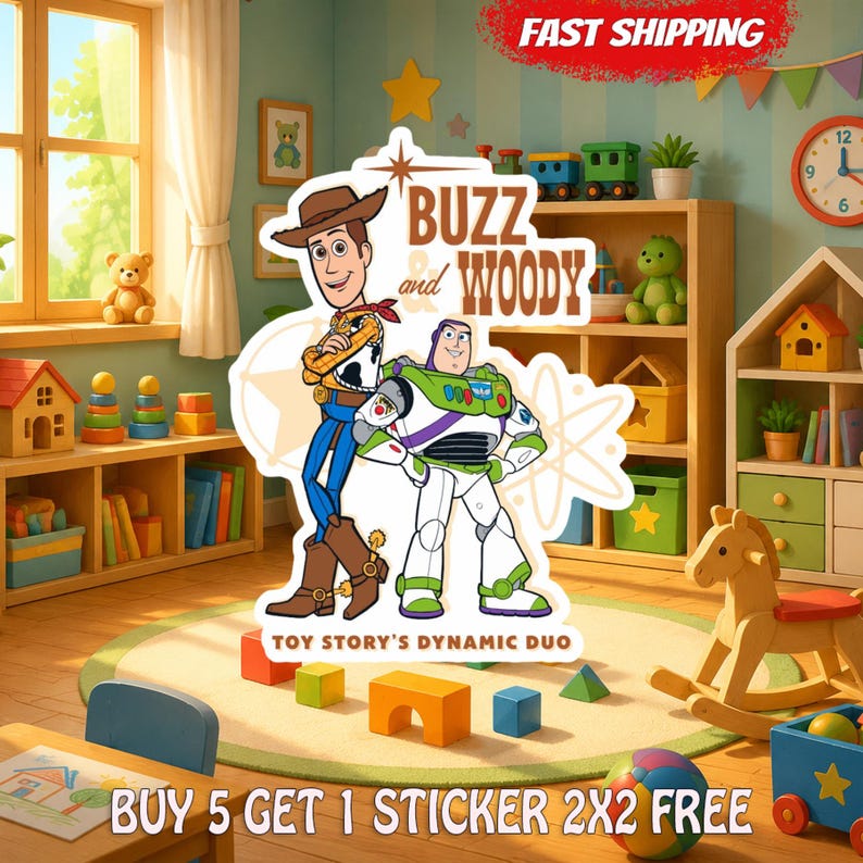 May include: A die-cut sticker featuring the characters Woody and Buzz Lightyear from Toy Story. The sticker displays the text BUZZ and WOODY and TOY STORY'S DYNAMIC DUO. The design includes a star icon and an atom symbol in a light brown color.