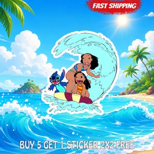 May include: A sticker featuring a cartoon illustration of a blue alien and two characters surfing on a yellow and maroon surfboard inside a large ocean wave. The background shows a tropical beach with palm trees, clouds, and a bright sun.