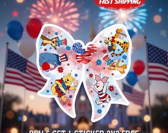 4th of July Winnie The Pooh Sticker, Patriotic Disney Inspired Bow Decal, Cute USA Fireworks Laptop Water Bottle Sticker