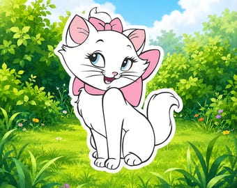 Marie Cat Sticker, Cute White Kitten Vinyl Decal, Aristocats Inspired Waterproof Sticker, Laptop Water Bottle Decal