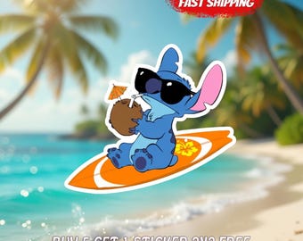 Pegatina de verano de Stitch surfeando, calcomanía de vinilo de lindo alienígena playero, pegatina de verano de dibujos animados tropicales, regalo lindo de tabla de surf con bebida de coco