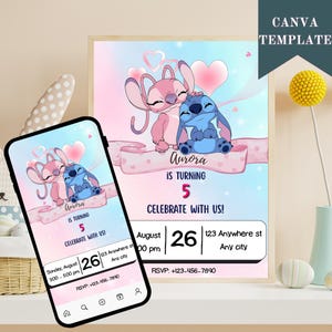 Editable Stitch and Angel Birthday Invitation Template Editable Stitch Invite Canva, Printable invite instant download invitation lilo
