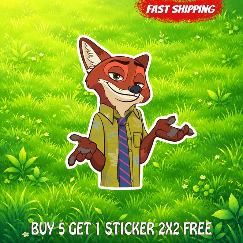May include: A sticker featuring a cartoon fox with brown fur, wearing a yellow short-sleeved shirt with a leaf pattern and a blue and pink striped tie. The fox has a smirk and open hands. Text reads: BUY 5 GET 1 STICKER 2X2 FREE.