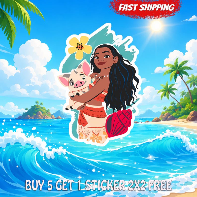 May include: A die-cut sticker featuring a cartoon character with long dark hair holding a small piglet, accompanied by a yellow flower and a red seashell. The design is set against a tropical beach background with blue ocean waves and palm trees.