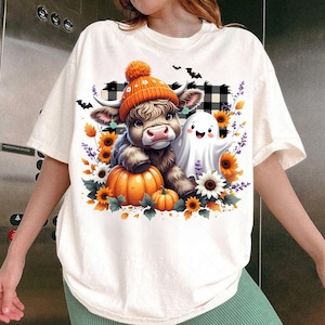 Süßer Herbst Highland Kuh Geist PNG, Heu dort Kürbis Shirt Design, süße Highland Kuh DTF, Highland Kuh mit Kürbisse PNG