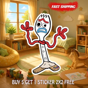 May include: A white plastic spork character sticker with red pipe cleaner arms, a red eyebrow, a blue mouth, and googly eyes. The character has a white base and stands on two wooden popsicle sticks. The sticker features a small rainbow graphic.