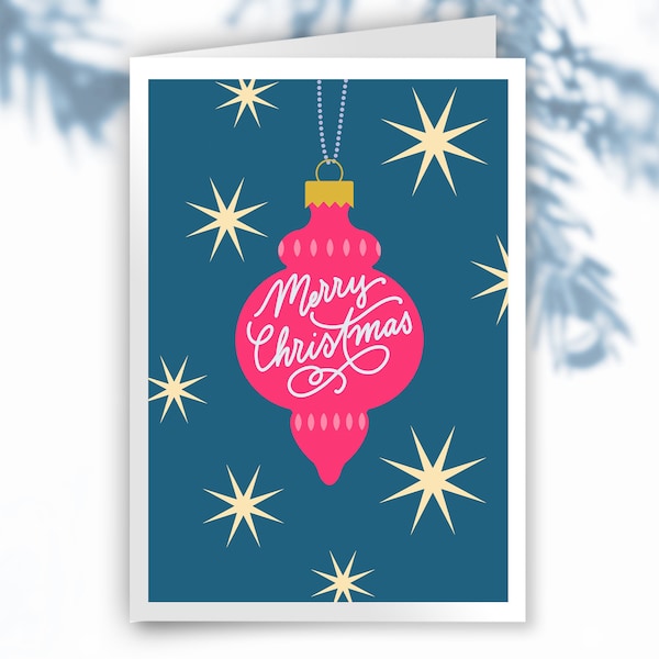 Weihnachtskarten, 10er Set, Illustration, Merry Christmas, XMAS, Frohe Weihnachten, pink mit gelben Sternen, von oberedel