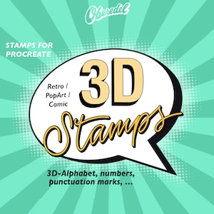 May include: A graphic design for 3D stamps for Procreate, featuring a speech bubble with the text "3D Stamps" in a yellow, 3D font. The background is a green and white retro comic book style pattern.