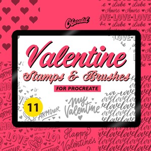 Könnte beinhalten: Eine digitale Kunstproduktanzeige mit den Worten "Valentine Stamps & Brushes" in rosa Schrift. Das Bild enthält verschiedene Grafiken zum Valentinstag und den Text "FOR PROCREATE". Der Hintergrund ist rosa mit Text zum Thema Herzen und Liebe.
