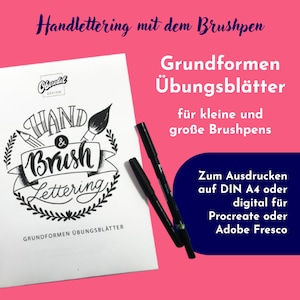 Peut inclure: Feuille de travail imprimable en noir et blanc pour la pratique de la calligraphie au pinceau. La feuille de travail présente le texte "Hand & Brush Lettering" avec une couronne de feuilles et un stylo pinceau. Le texte "Grundformen Übungsblätter" est également inclus, ce qui se traduit par "Feuilles d'exercices de formes de base". Le texte "Zum Ausdrucken auf DIN A4 oder digital für Procreate oder Adobe Fresco" est également inclus, ce qui se traduit par "Pour l'impression sur DIN A4 ou numérique pour Procreate ou Adobe Fresco".