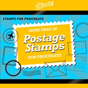 Könnte beinhalten: Digitale Illustration auf einem Tablet-Bildschirm mit dem Text "STAMPS FOR PROCREATE" und "MORE THAN 20 Postage Stamps FOR PROCREATE". Das Design umfasst Briefmarkengrafiken in Weiß und Schwarz auf gelbem und blauem Hintergrund.