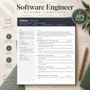 May include: A professional software engineer resume template featuring a dark header with contact details, a two-column layout for skills, education, and experience, and a circular badge stating ATS Friendly. The document is white with black text.