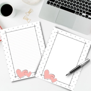 Papelería linda de corazones de San Valentín, papel para escribir cartas, estacionario estético Kawaii imprimible, descarga digital, forrado, sin forro, carta de EE. UU. y A4