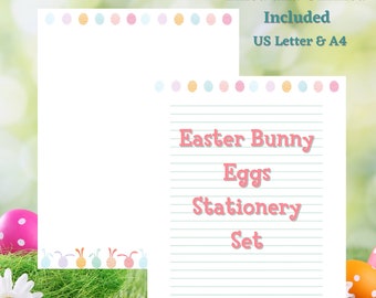 Ensemble de papeterie de Pâques, papier à lettres imprimable d'oeufs de lapin de Pâques, modèle d'écriture numérique, doublé et non doublé, lettre US, A4, téléchargeable