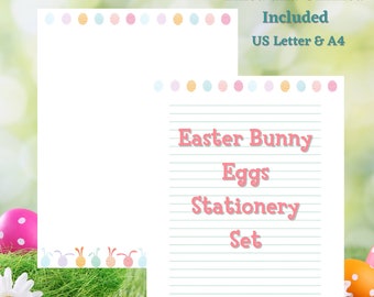 Easter Stationery Set, Printable Easter Bunny Eggs Writing Paper, Digital Writing Template, Lined & Unlined, US Letter, A4, Downloadable