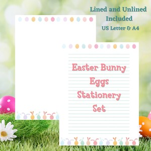 Easter Stationery Set, Printable Easter Bunny Eggs Writing Paper, Digital Writing Template, Lined & Unlined, US Letter, A4, Downloadable