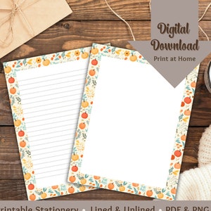 Papelaria para impressão de outono, papelaria para impressão, escrita de cartas de outono, papel forrado e em branco, diário digital, download instantâneo, papelaria de outono