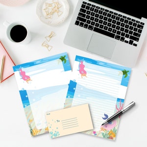 Lindo juego de papelería de sirena, papelería digital Kawaii descargable, papel de escritura de cartas imprimible, carta estadounidense forrada y sin forro, A4, sobre