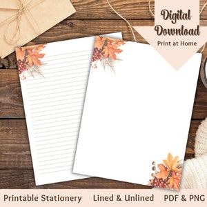 Papelería de otoño imprimible Papelería linda para escribir cartas de otoño Papel forrado y sin forro Diario digital Descarga instantánea Estacionario de otoño