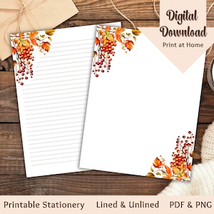 Otoño estacionario papelería imprimible carta de otoño escritura papelería papel forrado y diario digital en blanco Descarga instantánea papelería de otoño