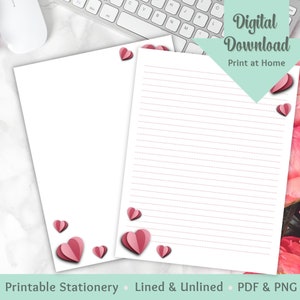 Papelería de San Valentín-Lindo juego estacionario del Día de San Valentín-Papel de escritura de cartas imprimible-Papelería estadounidense forrada y sin forro-A4-Papelería descargable