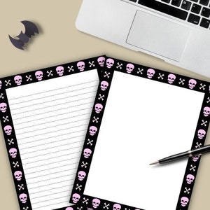 Skull & Crossbones Halloween Stationery Set, Printable Cute Pastel Goth Stationary, Journal,Notepad,Digital Paper,Lined,Unlined,US Letter A4