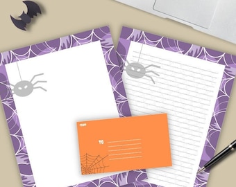 Artykuły piśmiennicze na Halloween, papier do pisania listów w kształcie pająka, urocze artykuły piśmiennicze na Halloween do druku, papier cyfrowy, list US, A4, natychmiastowe pobieranie