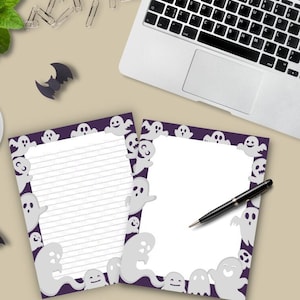 Papelería de Halloween imprimible, papelería divertida con fantasmas, papel gótico para escribir cartas digitales, diario, bloc de notas, membrete, con y sin rayas